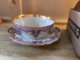 Vintage pink black and white porcelain bowl and serving dish