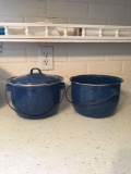 Group of 2 blue enamel pots