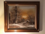 Signed oil painting of winter cabin scene
