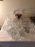 Large group of clear pressed glass items