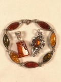 Group of sterling silver and amber jewelry