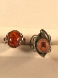 Pair of sterling silver rings amber & fire agate