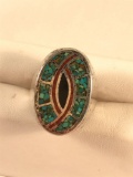 Unmarked silver crushed turquoise men? ring