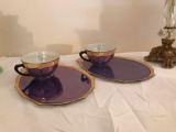Group of two vintage iridescent porcelain snack plates with tea cups