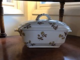 Vintage covered dish with floral design and spoon