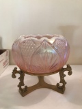 Fenton opalescent and iridescent pink rose bowl with brass stand