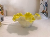 Vintage yellow and white cased glass ruffled edge bowl