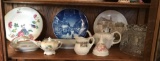 Shelf lot of miscellaneous glass in porcelain items