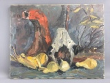 Oil painting of fruit and skull