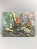 Oil painting of a bottle, bowl, and more