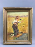 Vintage print of boy fishing