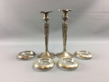 Group of vintage sterling silver candlesticks and coasters