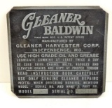 Vintage GLEANER BALDWIN Model E Combine Serial Plate.