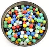 Over 150+ Vintage Marbles in old Lyncrest Chocolates Tin.