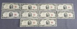 lot of 10 1963 $2 legal tender notes