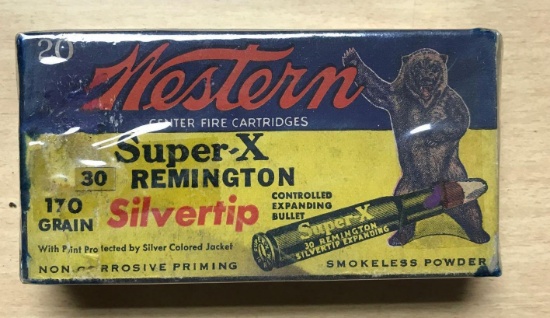 Full box of western super X 30 Remington silvertip vintage ammunition