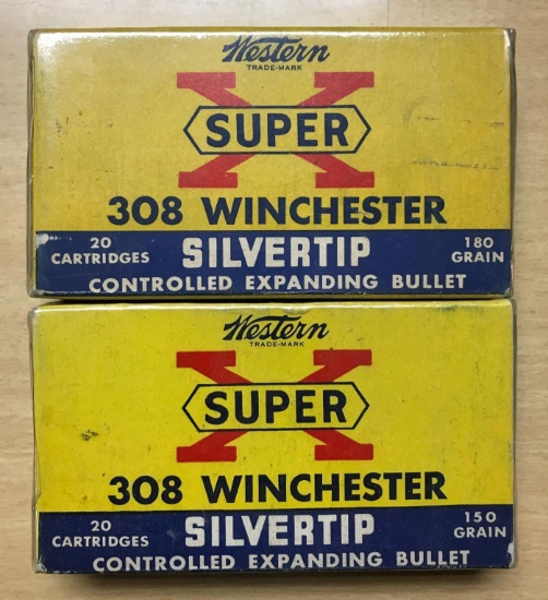 Two full boxes of western super X308 Winchester silvertip vintage ammunition
