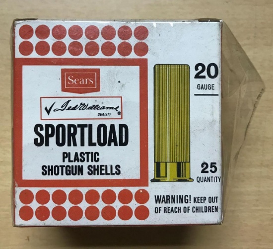 Full box of Sears Ted Williams sport load 20 gauge vintage shotgun shells