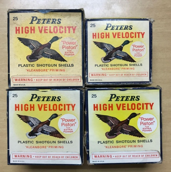 Group of four full boxes of peters high velocity 12 and 20 gauge vintage shotgun shells