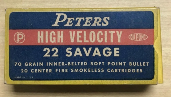 Full box of peters high velocity 22 savage vintage ammunition