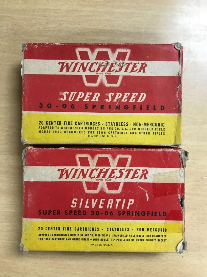 Group of one full and one partial box of Winchester super speed 30?06 Springfield vintage ammunition