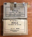 One full and one partially full box of 30 caliber ball antique ammunition