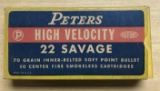 Full box of peters high velocity 22 savage vintage ammunition