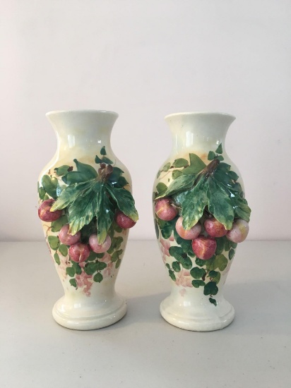 Antique group of 2 numbered vase with applied cherry blossom design