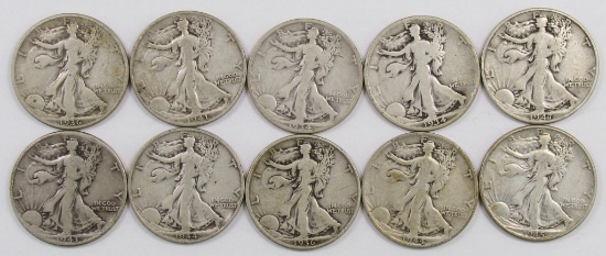 Lot of (10) Walking Liberty Half Dollars.