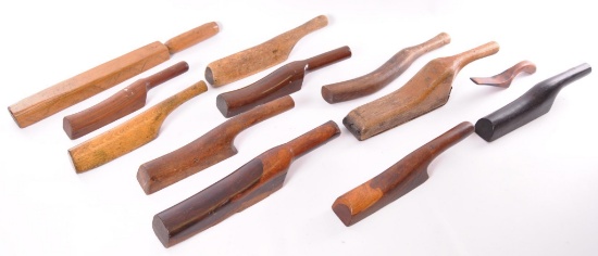 Group of 12 Antique Primitive Lead Beater Dresser Tools and Feather Pillow Smoother