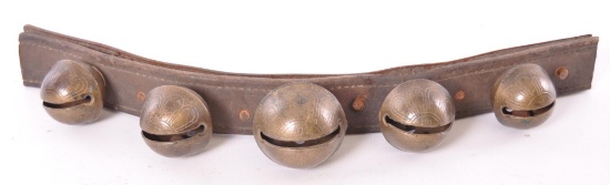 Group of 5 Antique Brass Sleigh Bell with Leather Strap
