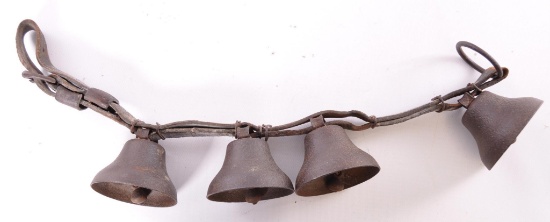 Group of 4 Antique Sleigh Bells with Leather Strap