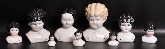 Group of 9 Antique Porcelain Doll Heads