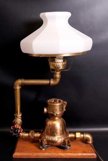 Vintage Brass Steam Punk Industrial "Watch Dog" Lamp with Milk Glass Shade