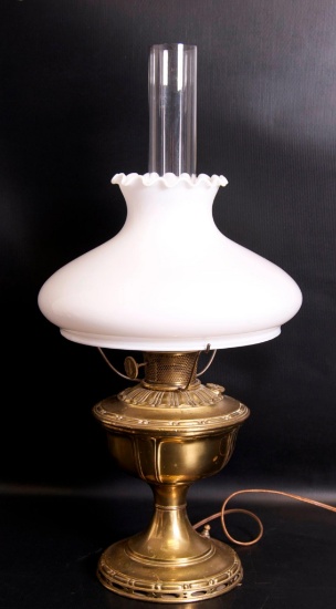 Antique Aladdin Model 11 Brass Electrified Lamp with Milk Glass Shade