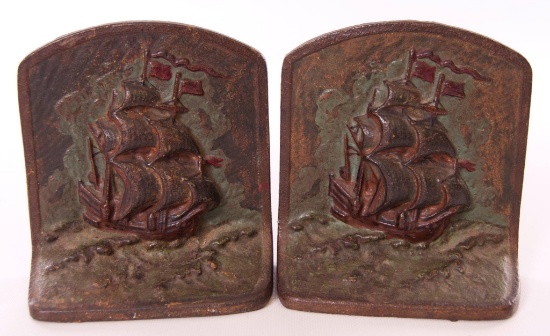 Pair of Antique Cast Iron Galleon Ship Bookends