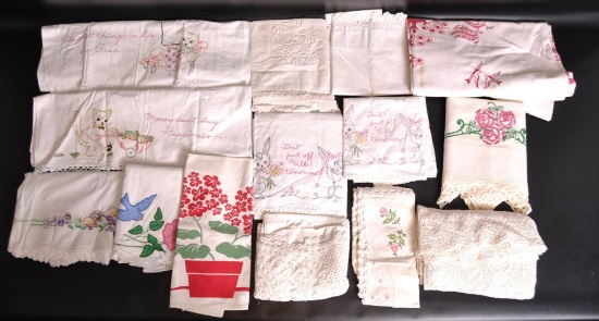 Group of Vintage Hand Made Pillow Cases, Table Cloths, and More