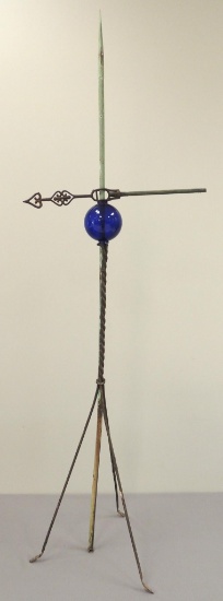 Antique Copper Lightening Rod with Weathervane and Cobalt Blue Globe