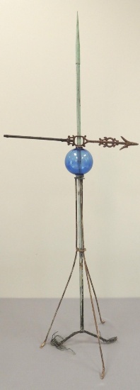 Antique Copper Lightening Rod with Weathervane and Blue Glass Globe