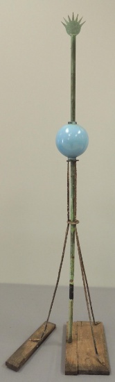Antique Copper Lightening Rod with Blue Milk Glass Globe