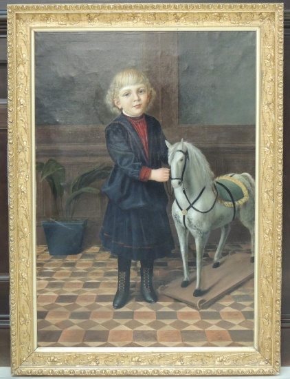 Signed A. Parodi, 1892 Oil Painting of a Child with Toy Horse