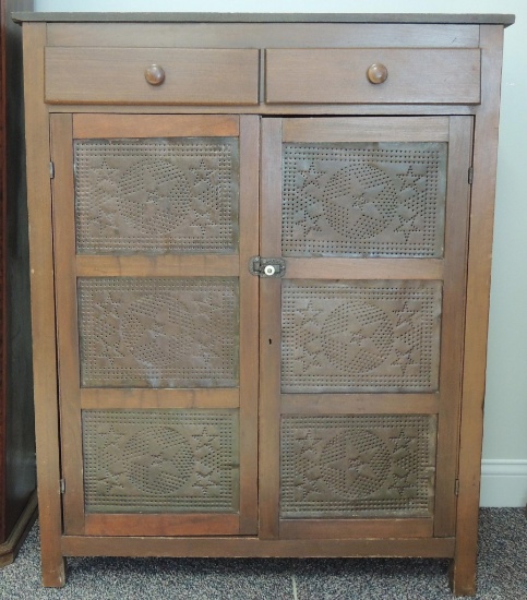Antique Pine Pie Safe with Star Pattern Punched Tin Panels