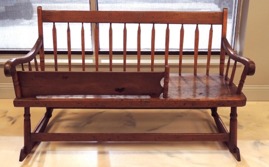 Antique Primitive Pine Rocking Bench with Removable Wood Partition