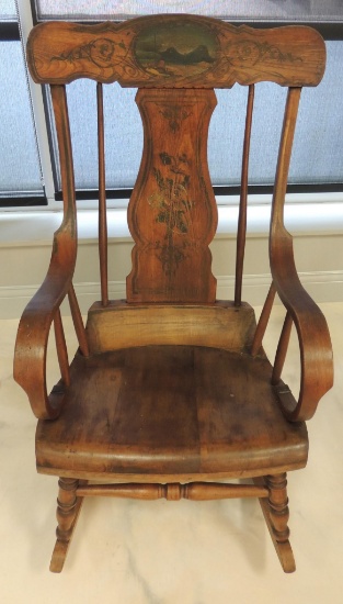 Antique Ash Rocking Chair with Handpainted Seascape Crest Rail