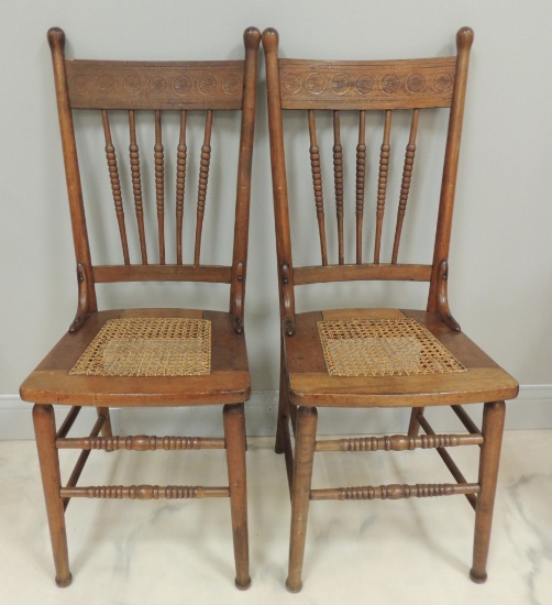 Group of 2 Antique Wood Chairs with Caned Seats