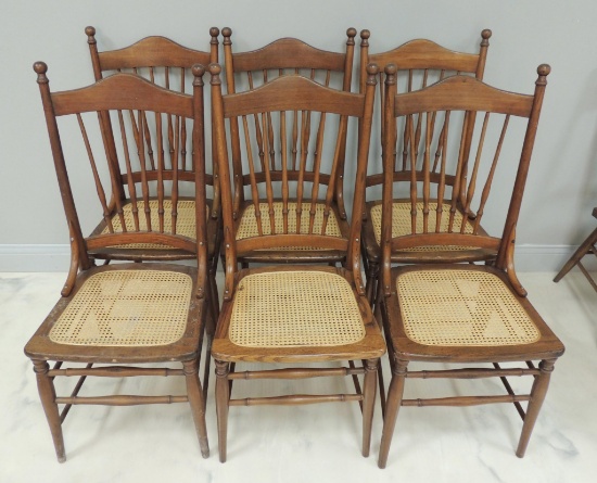 Group of 6 Antique Wood Chairs with Caned Seats