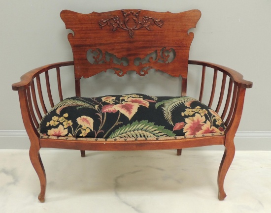 Antique Mahogany Bench with Floral Pattern Seat