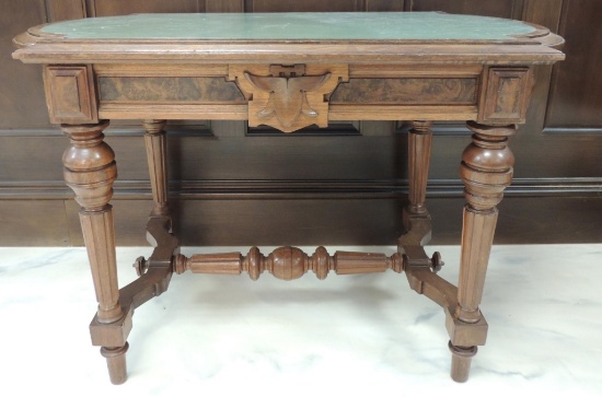Antique Burled Walnut Single Drawer Writing Table with Leather Inlay
