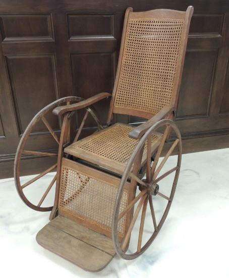 Antique Oak Adjustable Wheelchair with Caned Seat and Back