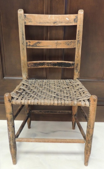Antique Primitive Wooden Side Chair with Woven Rattan Seat
